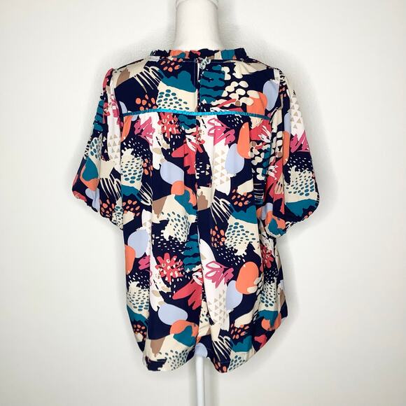 Umgee Suzie Multicolor Abstract Print Short Sleeve Smocked Peasant Blouse Top XL - Picture 6 of 9